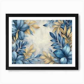 Blue And Gold Floral Frame Art Print