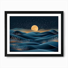 Abstract Sand Dunes Landscape With Moon At Night 1 Art Print