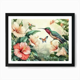 Vintage Tropical Background With Protea, Hibiscus Flowers, Leaves, Hummingbirds, Butterflies 3 Art Print