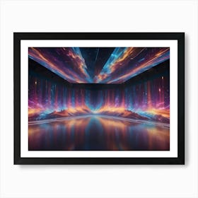 3d Illustration Of A Dark Room With A Black Floor And Walls, Featuring A Large, Luminous, Abstract Design On The Ceiling Art Print