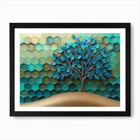 A Vibrant 3d Tree Artwork With Delicate Turquoise And Blue Leaves, Standing On A Gentle 1 Art Print