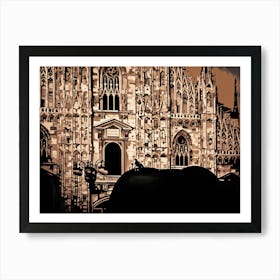 Gothic Cathedral Facade of Duomo of Milan. Cattedrale Metropolitana della Natività della Beata Vergine Maria. The image showcases a detailed close-up of a grand Gothic cathedral facade, rendered in a stylized, almost cartoon-like manner. The building is constructed from light-colored stone, featuring intricate carvings, pointed arches, and numerous windows with stained glass. 2 Art Print