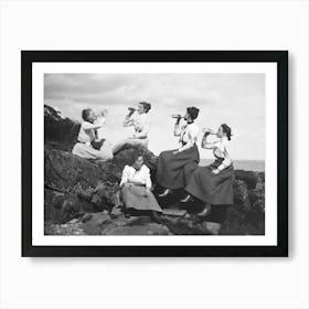 Women Drinking Beer, Black and White Old Photo, Vintage Bar Decor Art Print