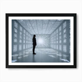 Abstract Image Of A Woman Standing In A White Room Illuminated By A Bright Light Source, Surrounded By Various Geometric Shapes And Patterns, Suggesting A Futuristic Or Experimental Environment Art Print