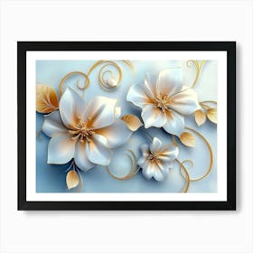 3d White And Pink Flowers, Golden Swirls And Leaves On Light Blue 1 Art Print