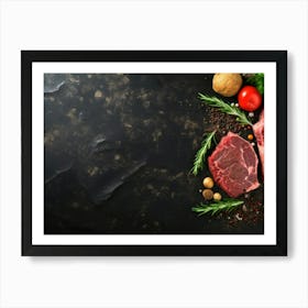 Meat And Vegetables On A Black Background Art Print