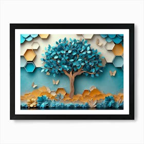 3d Tree in Turquoise and Blue Leaves with Colorful Hexagons Art Print