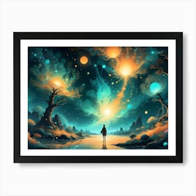 A Fantasy Landscape Featuring A Lone Figure Standing In A Forest With Glowing, Blue And Orange Orbs Floating In The Sky Art Print