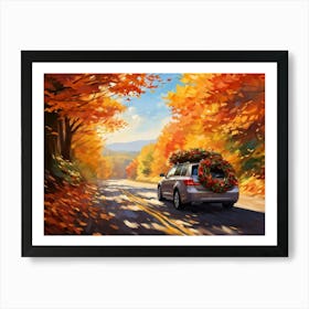 Autumnal Landscape Autumnal Leaves Cascading Down As A Car Adorned With Holiday Wreaths And Ribbon (2) Art Print