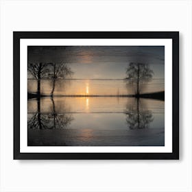 Reflection of trees in frozen water at sunset Art Print