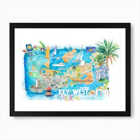 Key West Florida Illustrated Travel Map With Roads And Highlights Art Print
