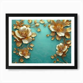 The Classic Background Is Design with Turquoise Shapes and Golden Branched Flowers in 3D Affiche