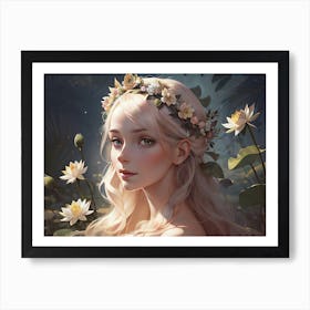 Beautiful Girl With Lotus Flowers Art Print