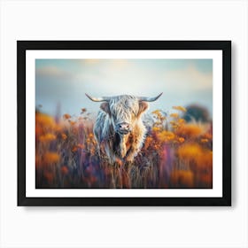 Highland Cow Colorful Flower Field Blue Sky Iridescent Nature Photography Art Print