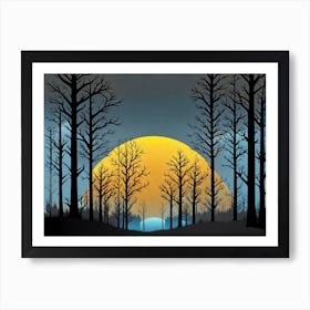 Forest, sunset,   Forest bathed in the warm glow of the setting sun, forest sunset illustration, forest at sunset, sunset forest vector art, sunset, forest painting,dark forest, landscape painting, nature vector art, Forest Sunset art, trees, pines, spruces, and firs, black, blue and yellow Art Print