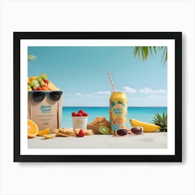 A Still Life Scene Of A Variety Of Fruits, Snacks, And Sunglasses Arranged On A Beach With A Blue Ocean And Palm Trees In The Background Art Print