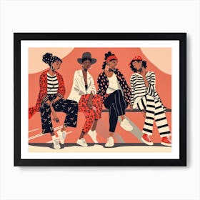 Four Black Women Sitting On A Bench Art Print