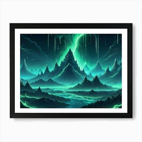 Dark Mountains Are Illuminated By Glowing Green Lightning Strikes And Pathways, Creating An Otherworldly Scene Of Vibrant Energy Art Print