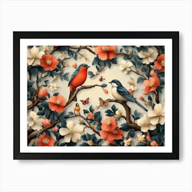 Nature's Tapestry, A Seamless Illustration Of Floral Tree Branches, Birds, Butterflies And Blooms 3d Art Print