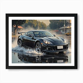 Black Sports Car Driving Through Water Art Print