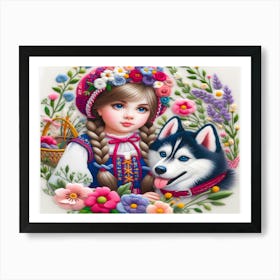 Russian Girl With Husky Art Print