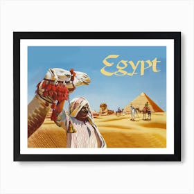 Egypt, Man With Camel Is Looking At Pyramids Art Print
