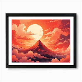 A Dramatic Sunset Scene With A Towering Mountain Piercing Through A Sea Of Fluffy, Orange Hued Clouds Under A Large, Bright Sun Art Print