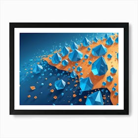 Abstract Image Of Blue, Geometric Shapes Resembling Crystals Or Diamonds, Scattered On A Orange And Blue Background Art Print