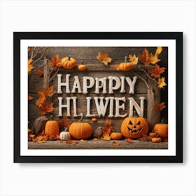 Autumn Themed Word Art Featuring The Word Happy Halloween In A Creative Rustic Stack As If Carve (2) 1 Art Print