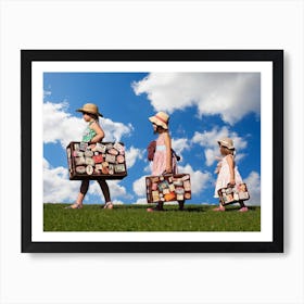 Three Sisters Holding Vintage Suitcases Art Print