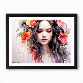 Beauty Look Down Flower Hair -Masterpiece Water Color Wash Painting Art Print