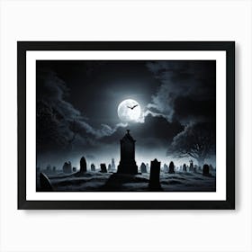 Full Moon Illuminating A Night Sky Clouded By Whispers Of Fog Gravestones Silhouetted Against The E (2) Art Print