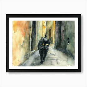 Black Cat In Turin, Italy, Street Art Watercolour Painting 2 Art Print