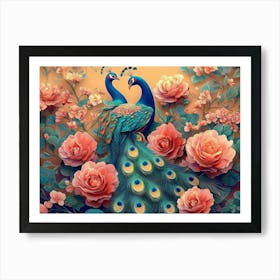 Bright Color Floral With Exotic Oriental Pattern Flowers And Peacocks 1 Art Print