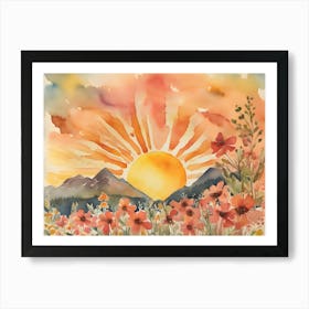 Sunset in the Mountains, Boho Landscape, Wildflowers Art Print