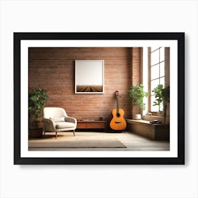 Acoustic Guitar and blank frame in living room 4 Art Print