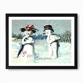 Snowman Is Expressing Love To His Snow Lady Art Print