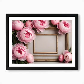 A Vintage, Romantic Image Of A Gold Frame Surrounded By Pink Peonies, Creating A Elegant And Delicate Design Art Print