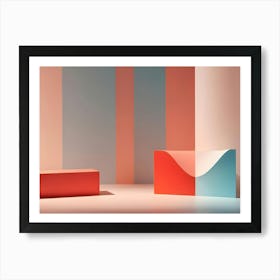 3d Illustration Of Red And Blue Geometric Shapes On A White Surface With A Colorful Striped Background Art Print