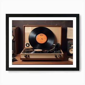 A Still Life Photo Of A Vintage Record Player With A Vinyl Record Spinning, Surrounded By Other Musical Instruments Art Print