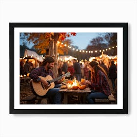 Autumn Festival Illuminated By String Lights Rustic Decorations Such As Dried Corn Husks Pumpkin A (1) Art Print