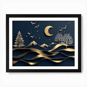 3d Modern Art With Dark Blue And Golden Wave Background 4 Art Print