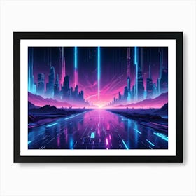 A Futuristic Cityscape Bathed In Neon Pink And Blue Light, With A Reflective Road Stretching Into The Distance, Showcasing Cyberpunk Aesthetics And Advanced Technology Art Print