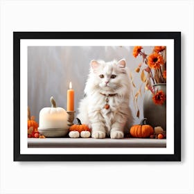 Cat Sitting In Front Of Pumpkins Art Print