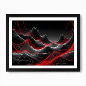 Abstract Image Of A Futuristic, Mountainous Landscape With Red And White Lines Creating A Sense Of Energy And Movement Art Print