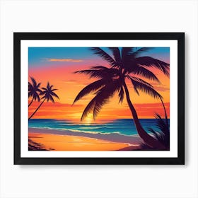 A Tranquil Beach At Sunset Horizontal Illustration 20 Art Print