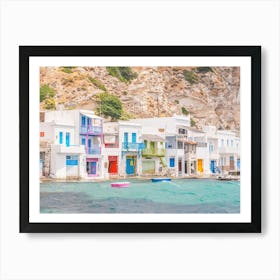 Milos, Greece I Colorful fishing village from port of Klima to paradise turquoise water of Cyclades with a retro vintage summer pastel aesthetic and minimalist geometric white architecture photography on mountain Art Print