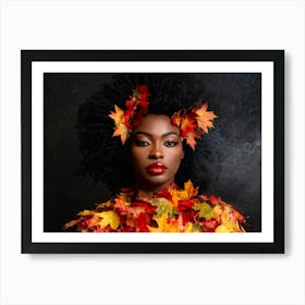 Black Woman With Peach Lips Black Hair Enveloped In A Fusion Of Red Orange And Yellow Autumn Lea Art Print