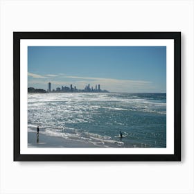 Aerial Beach Photo With Waves, Swimmers And Cityscape / Buildings In The Background. Art Print