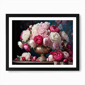 A Luxurious Bouquet Of Roses And Peonies In Full Bloom Cradled In An Ornate Vase Peonies Flushing V Art Print